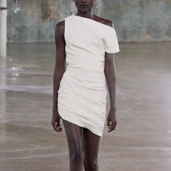 Zara NWT white mini dress asymmetrical draped off shoulder ruched dress - Picture 2 of 12